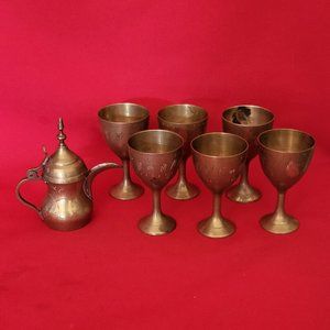 VTG Mini Brass Wine Jug Pitcher and 6 Cups